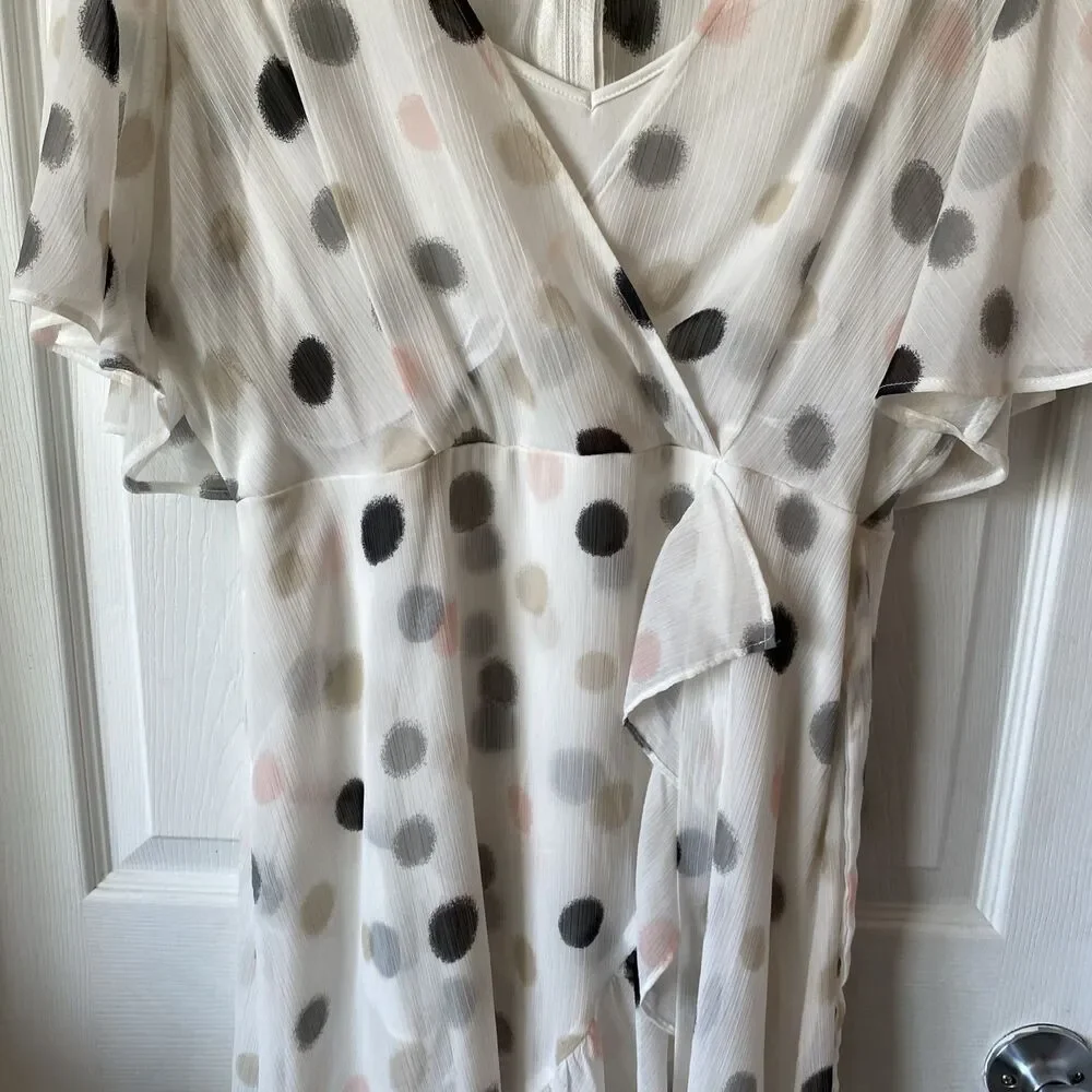Calvin Klein Womens Chiffon Flutter Shift Dress Ivory Multi size 10 Polka Dot